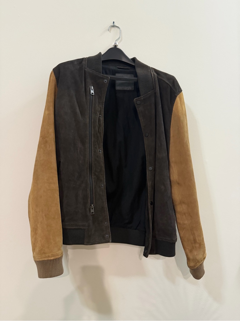Men's Two-Tone Suede Bomber Jacket - Brown & Tan